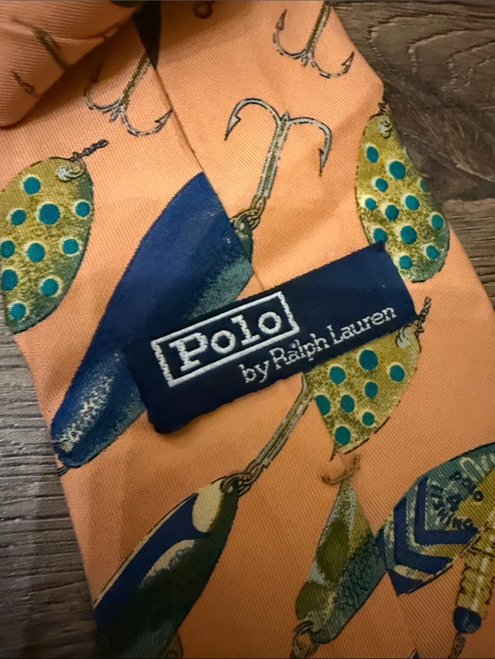 Polo by Ralph Lauren Orange Silk Tie with Blue and Green Fishing Lure Print